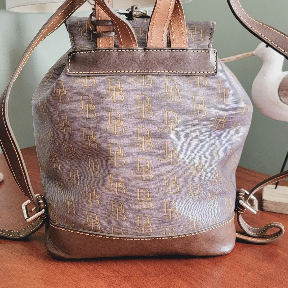 Dooney & Bourke DB Monogram Backpack Pewter Gray Coated Canvas Leather Bag